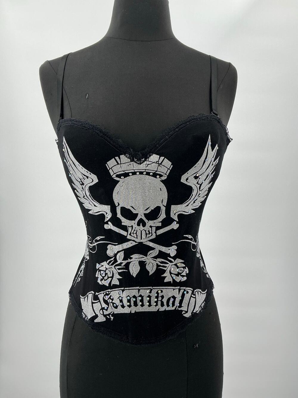 Black Silver Punk Rock Skull Bustier Corset Rhinestone M Fits Small